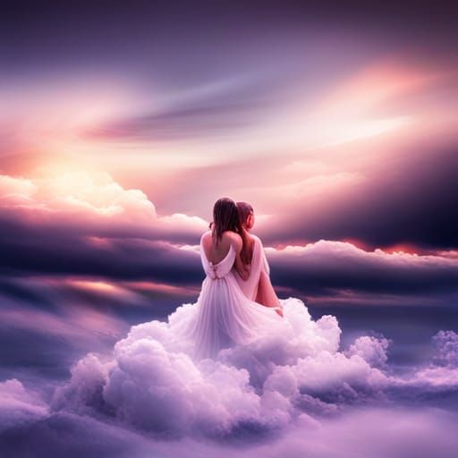 Girls Kissing on Cloud at Twilight, Hyperrealistic