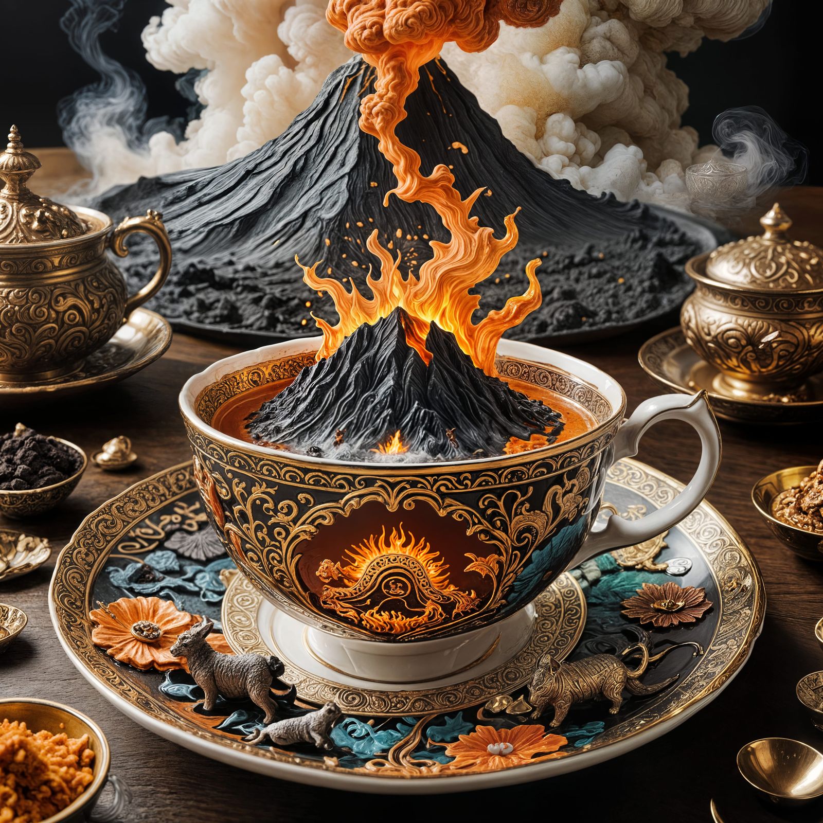 Ornate Teacup Volcano Eruption Scene