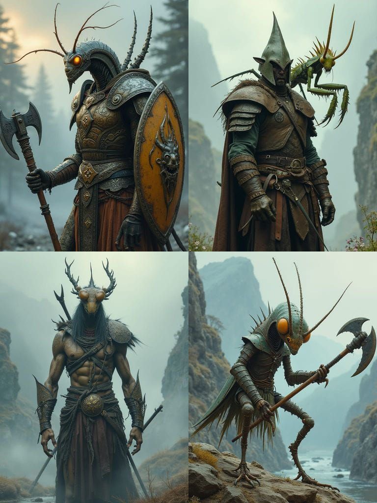 Conehead Praying Mantis hybrid with a Viking Warrior