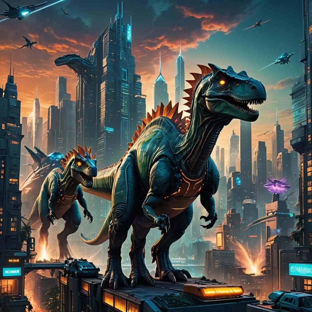 Dinosaurs Roam Futuristic Cityscape in Vibrant Colors