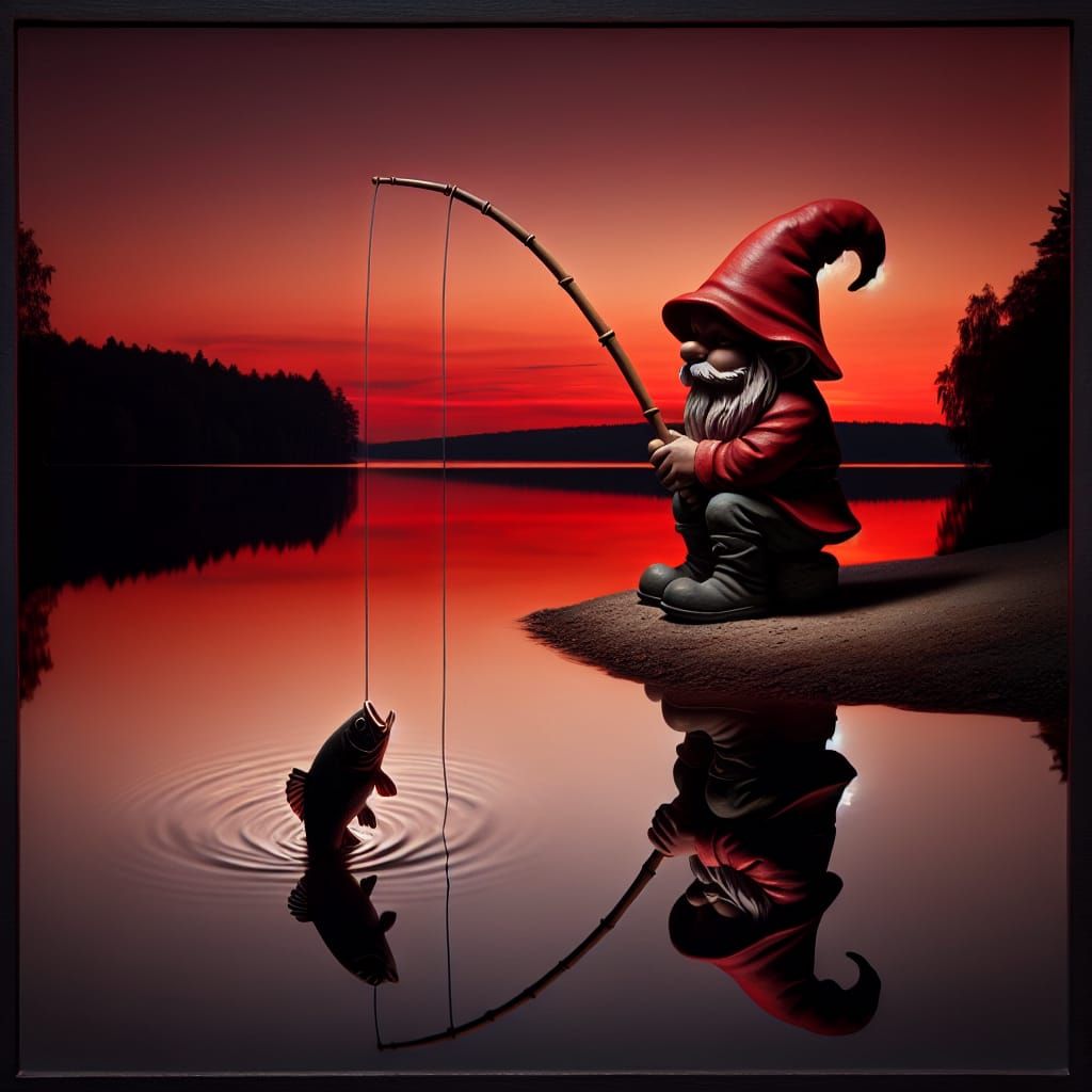 Gnome Fishing for Bass at Sunset
