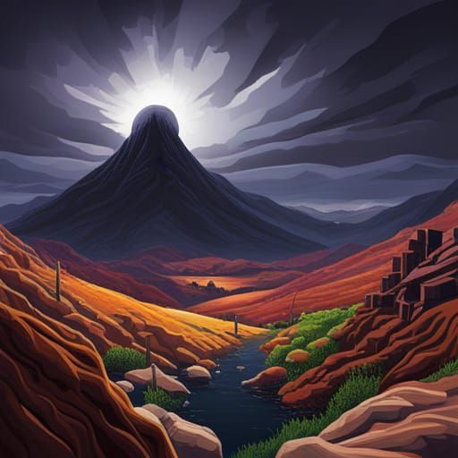 Mountainous Landscape with Black Hole, Greg Rutkowski Style