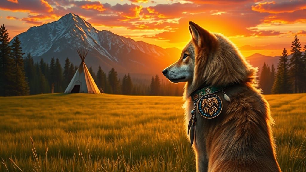 Golden Wolf Watches Vibrant Sunrise in Pine-Tree Studded Mou...