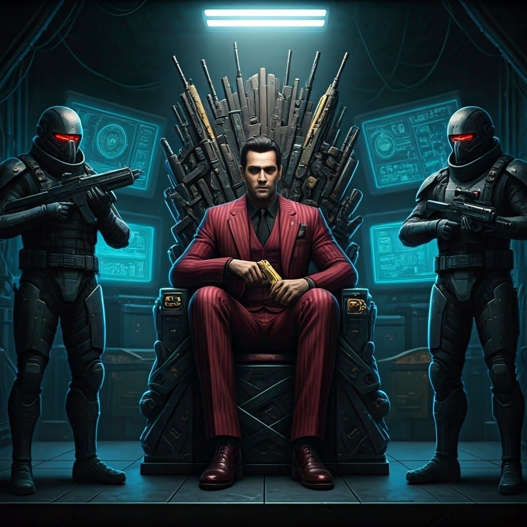 Cyberpunk Smuggler on Throne with Golden Pistol