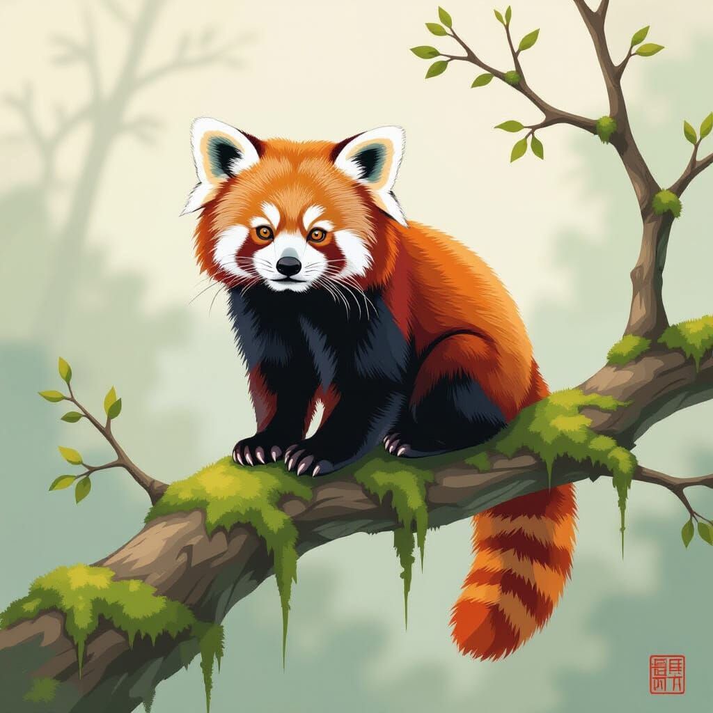 Red Panda on Mossy Branch in Japanese Art Style