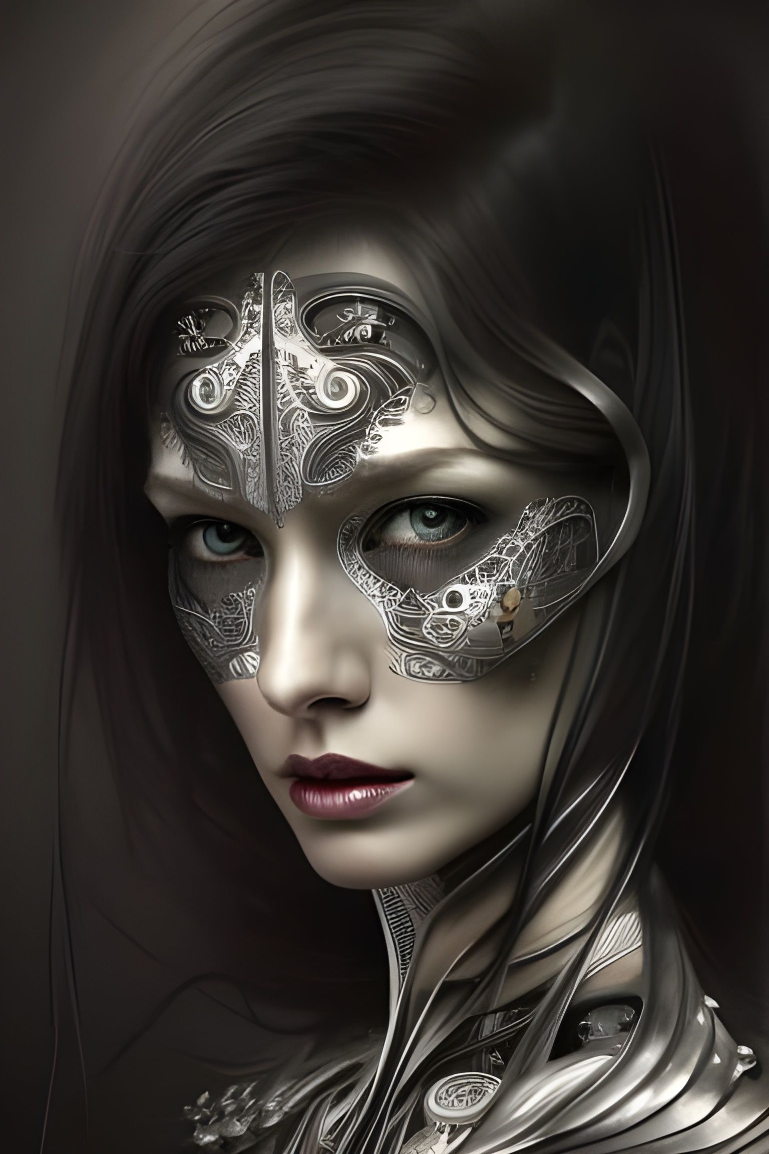 Psychedelic Portrait of Woman in Silver Armor