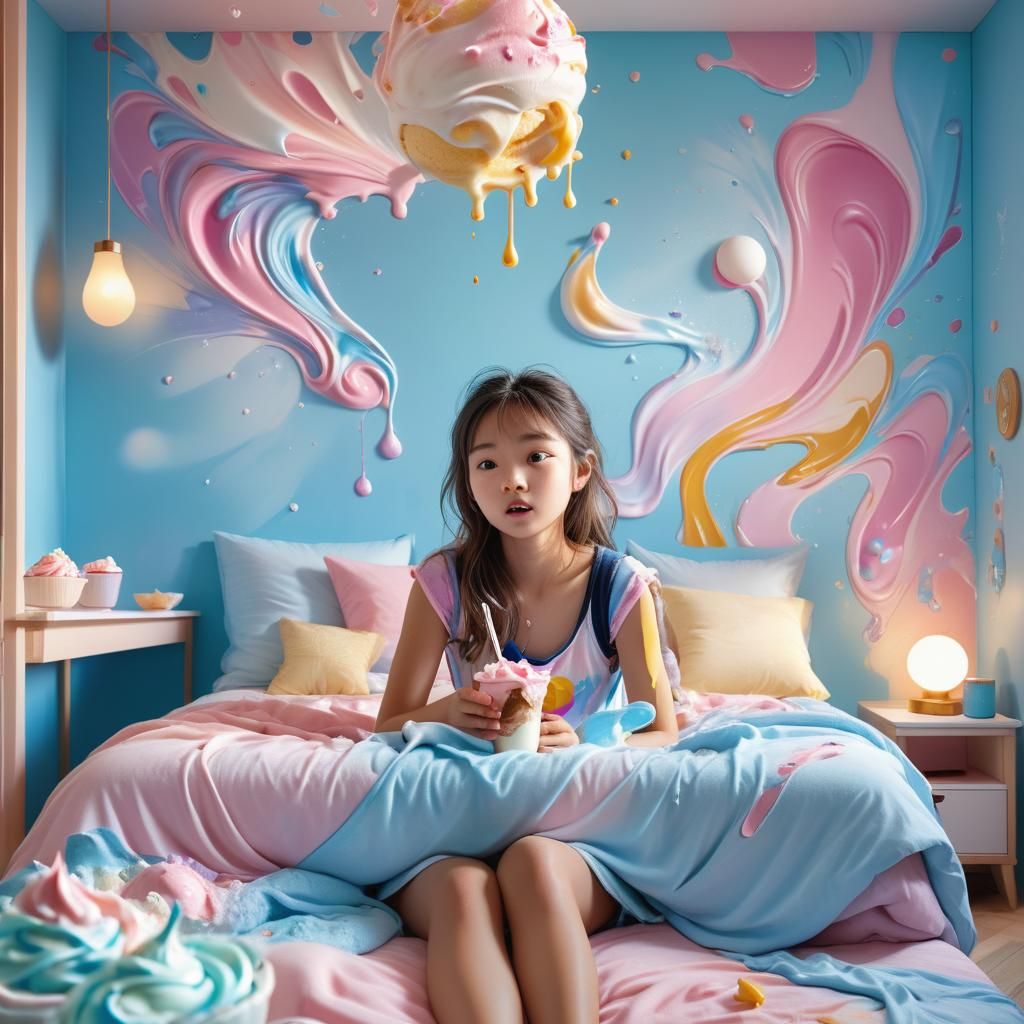 Girl in Frozen Yogurt Bedroom in Splash Art Style