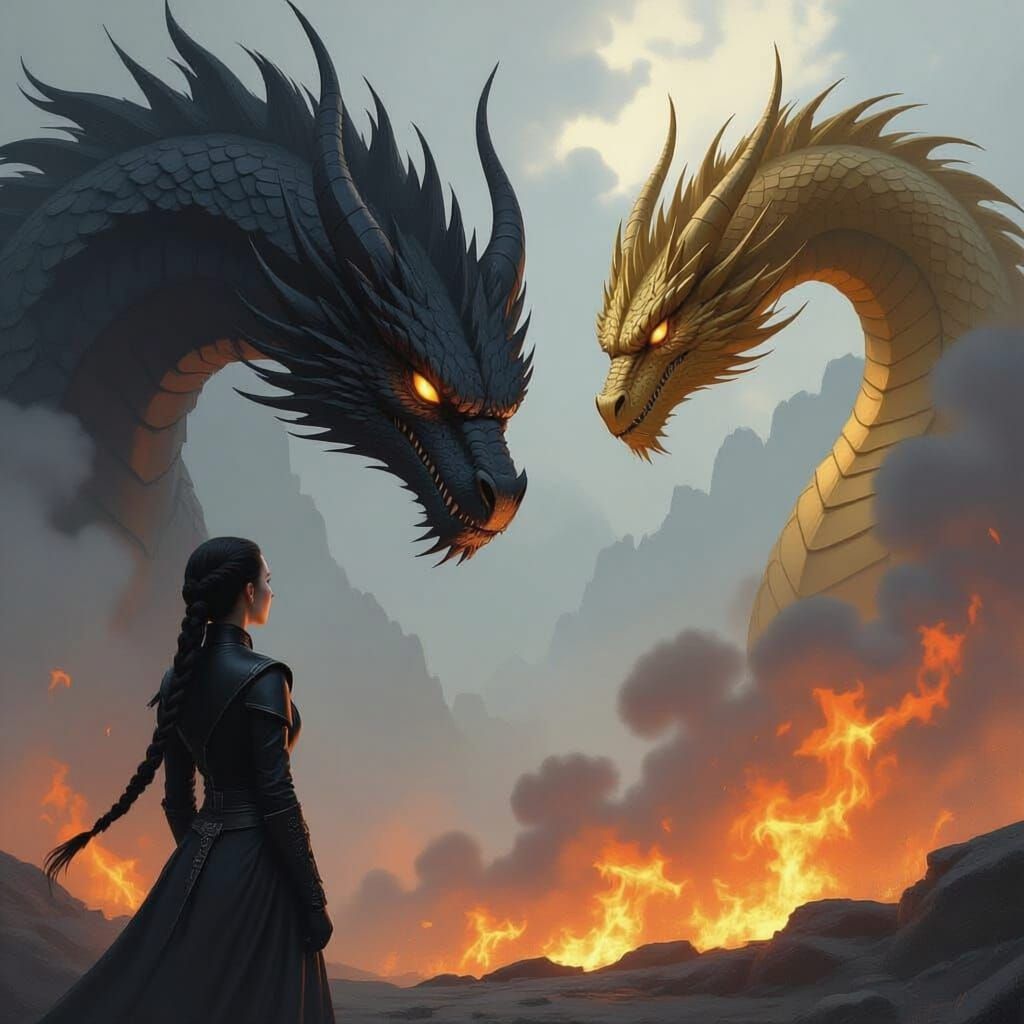 Stoic Warrior Faces Two Dragons in Epic Digital Painting