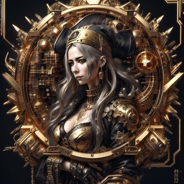 <lora:Graff-ink CBRscript1:1.0> ( technograff-ACKME )
"Female pirate semi cyborg, intricate super-detailed-gold design d...