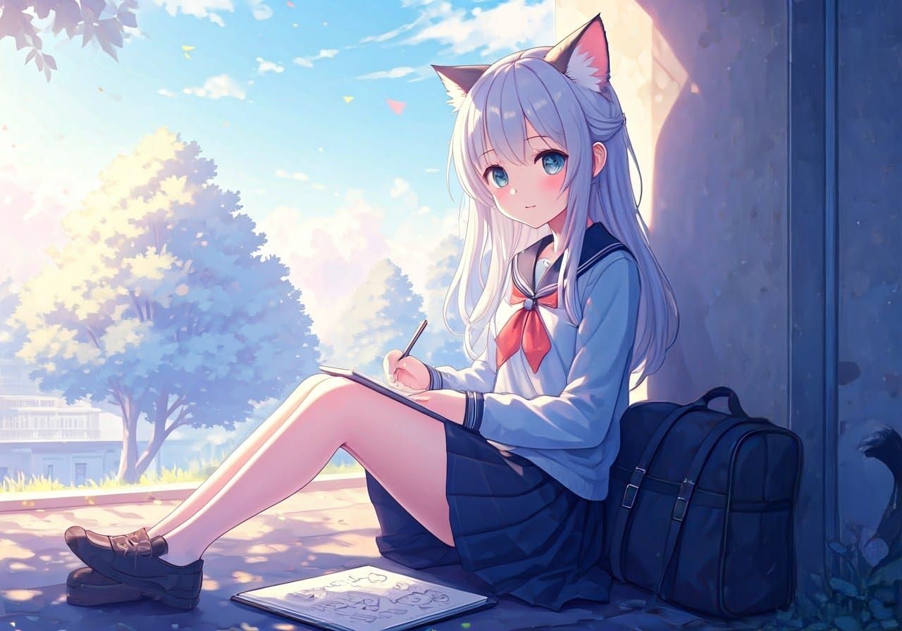 Cute Anime Catgirl Doodles in Pastel Dreamscape