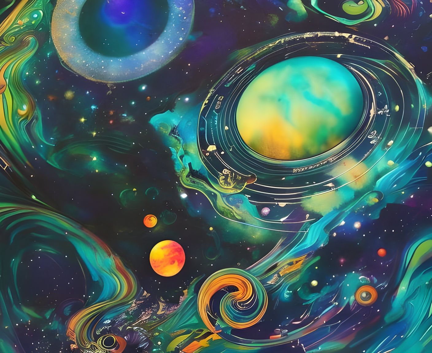 Ethereal Cosmic Planets and Saturn in Space