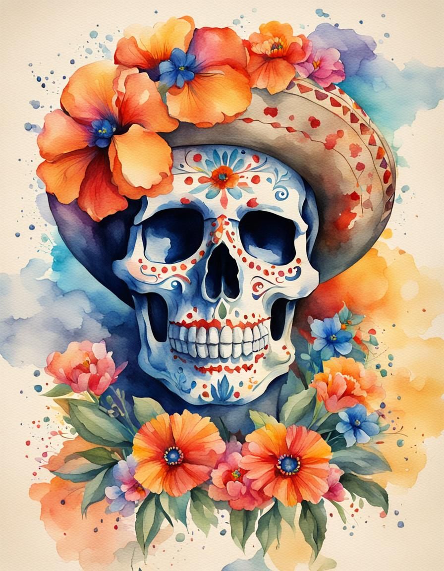 Mysterious Skull in Vibrant Day of the Dead Setting, Waterco...
