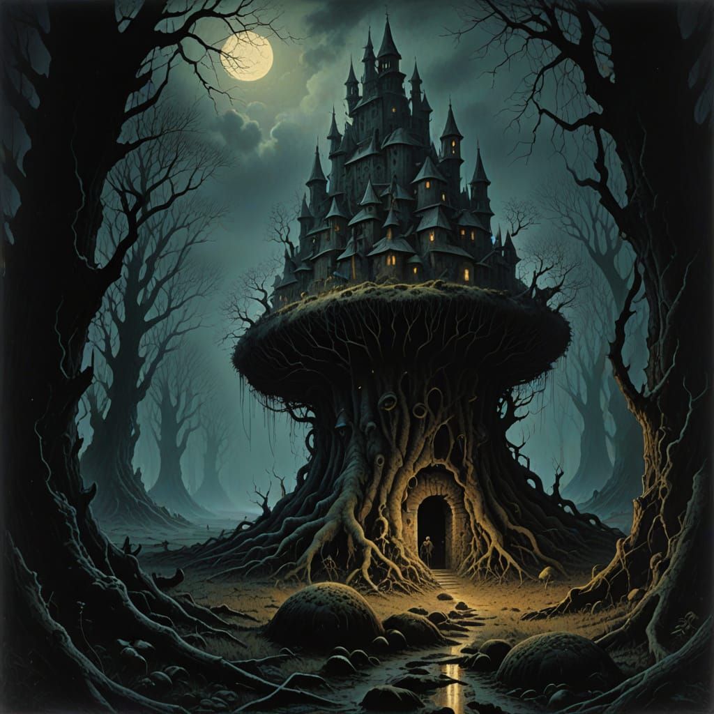 Surreal Oil Painting of a Haunting, Dark Fantasy Landscape