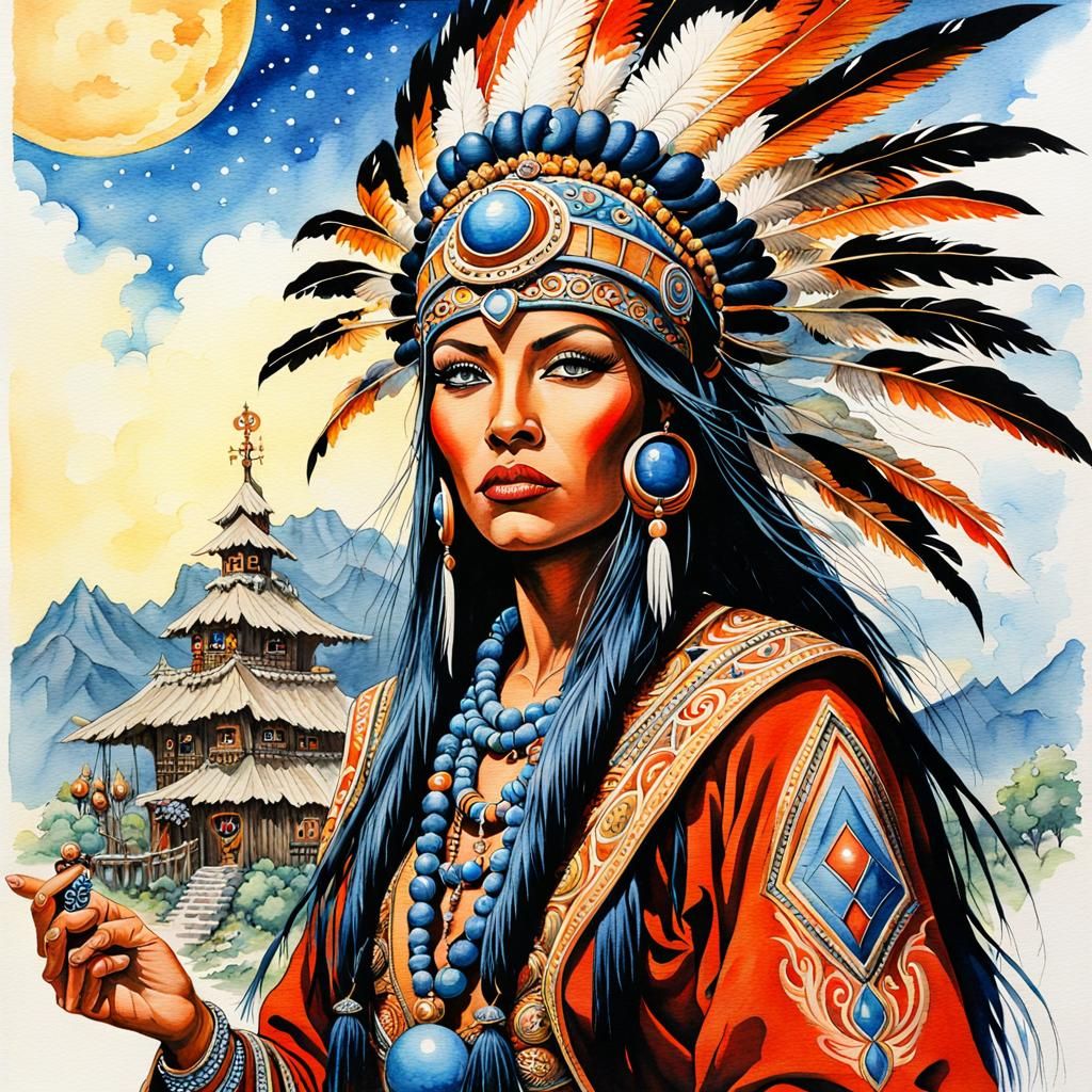 Ornate Shaman in Fantastical Village Watercolor