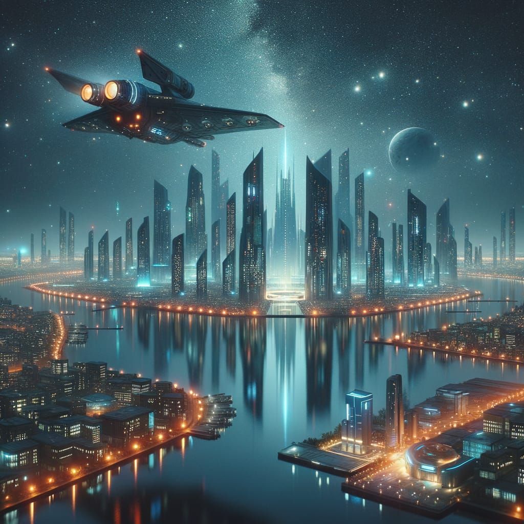 Fantasy Cityscape Under Starry Night Sky with Glowing Lights...