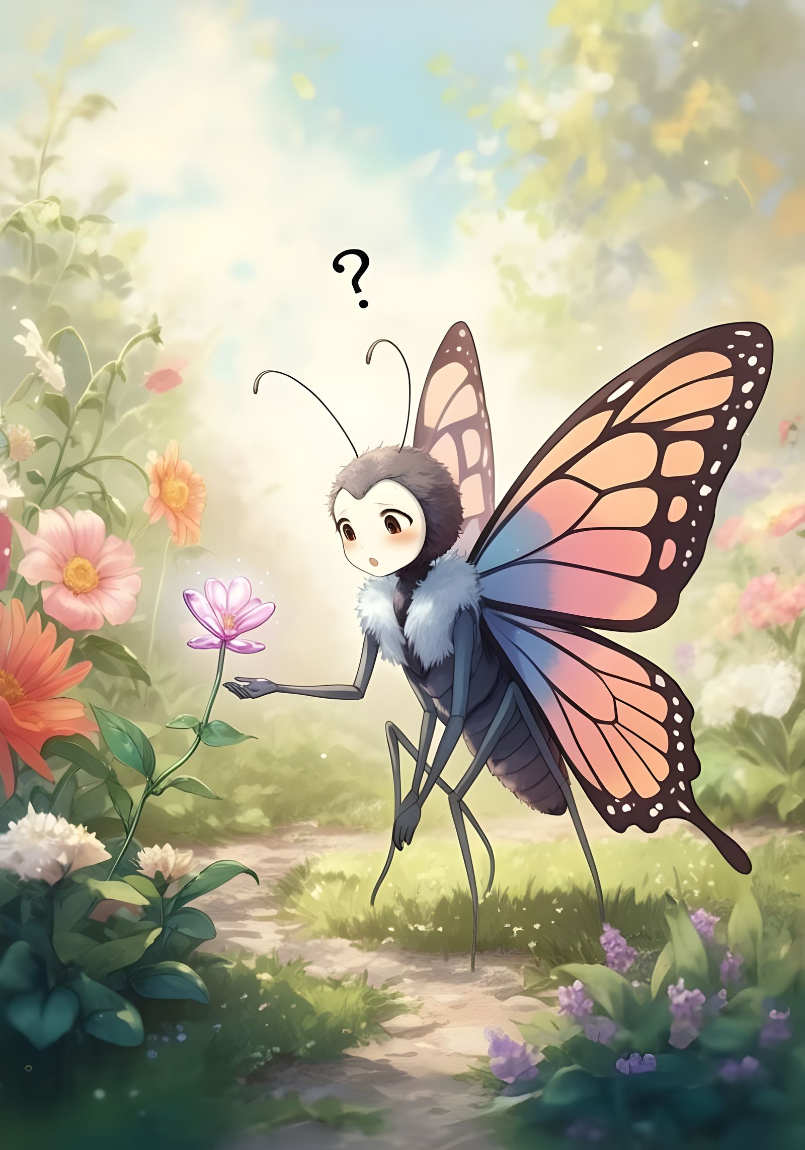 Confused Butterfly with Plastic Flower in Anime Style