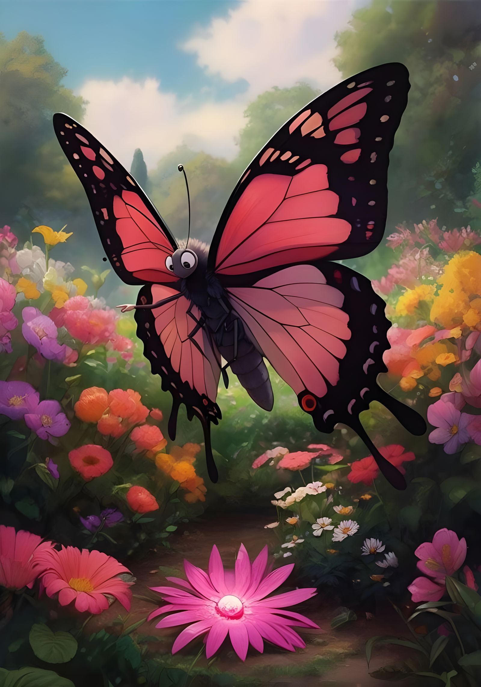 Confused Butterfly with Plastic Flower, Anime Style