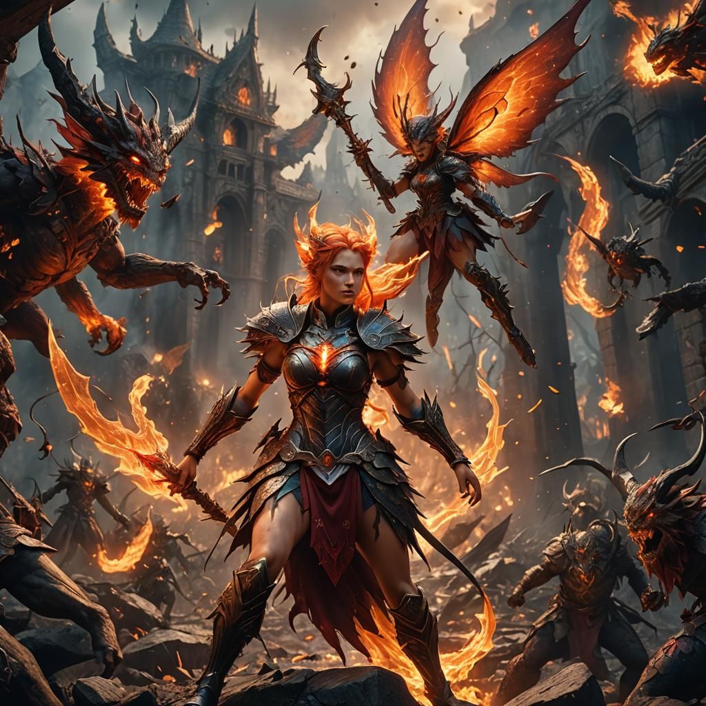 Fiery Fairy Battles Demons in Detailed Fantasy Art
