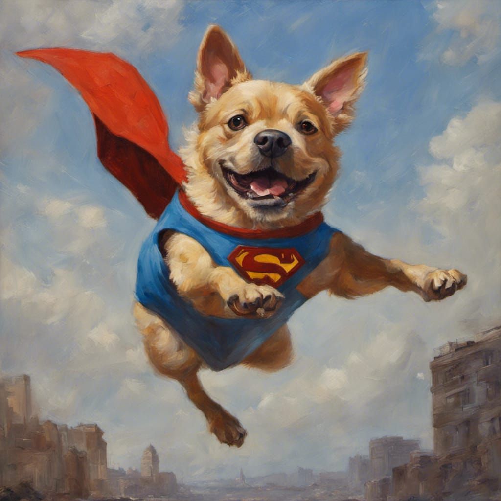 Superhero Dog in Flight: Oil Painting Style