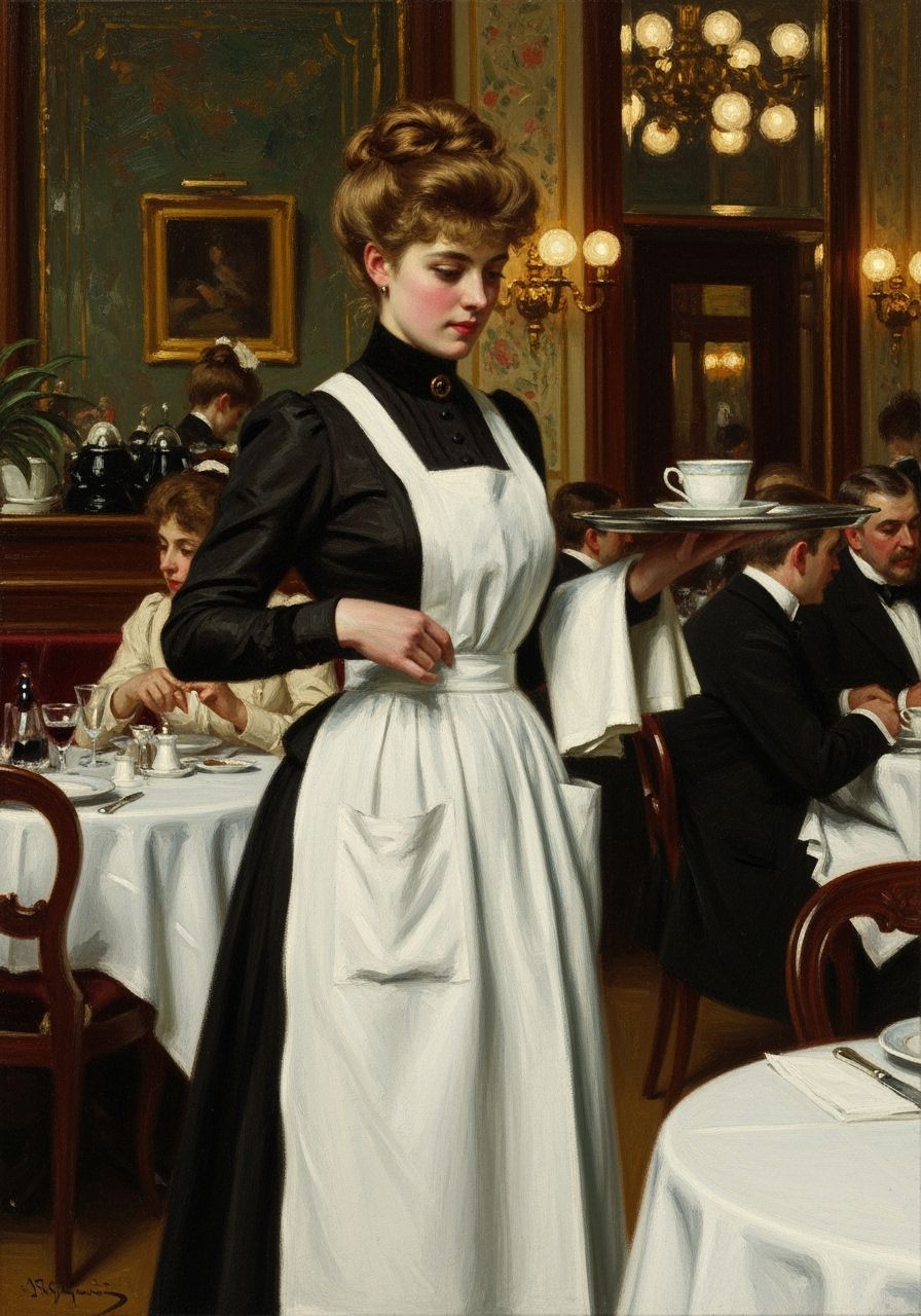 Victorian Waitress in Elegant Restaurant Oil Painting