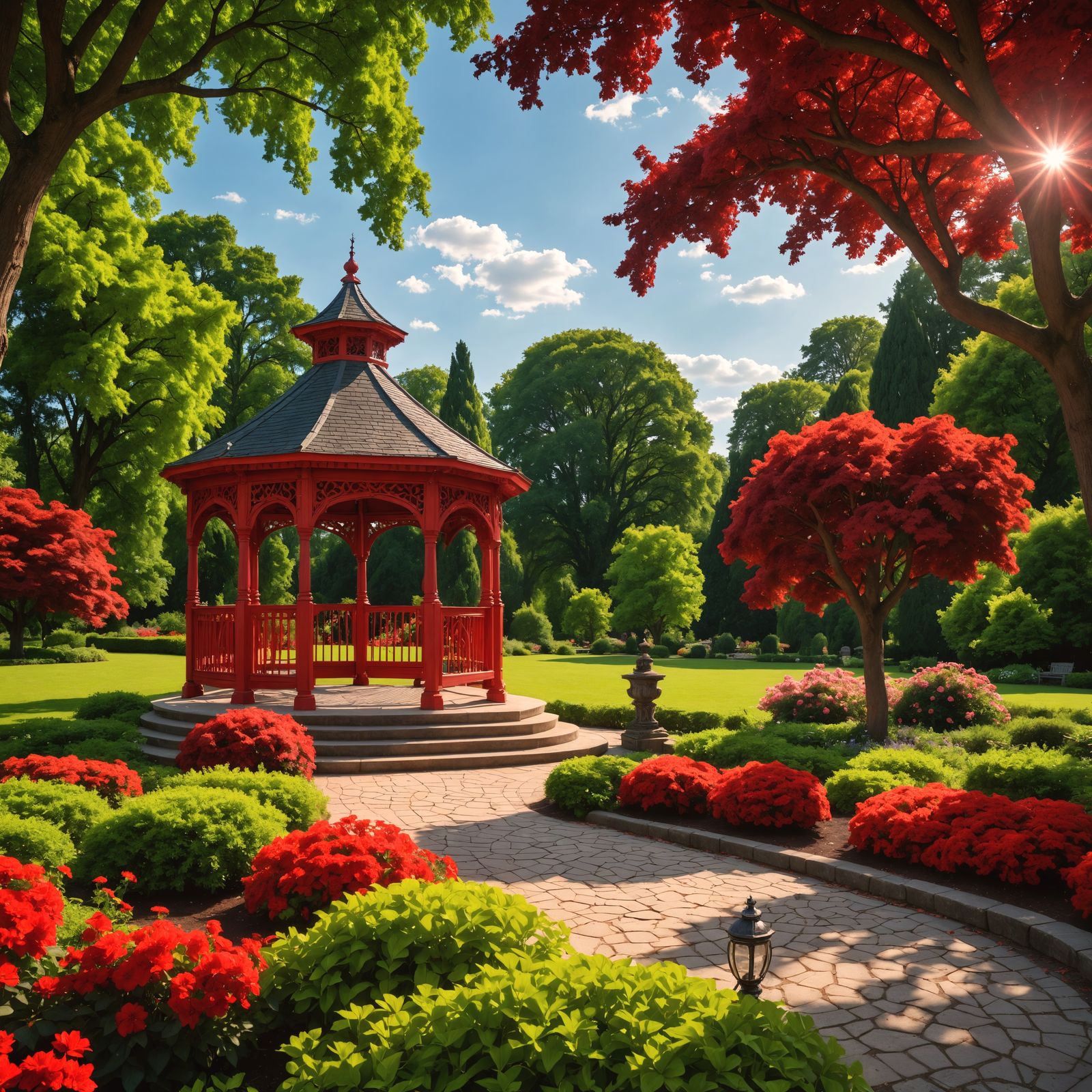 Gothic Red Gazebo in Vibrant Garden Landscape