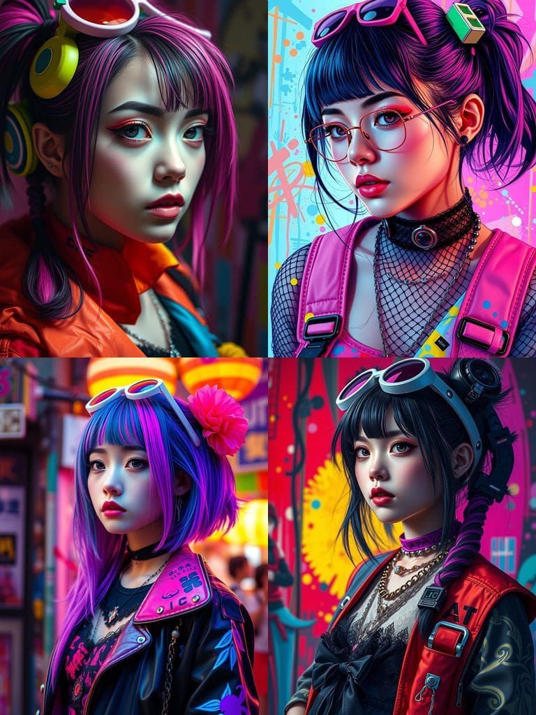 Young Woman in Cyber Goth Harajuku Style, Hyperrealistic Art