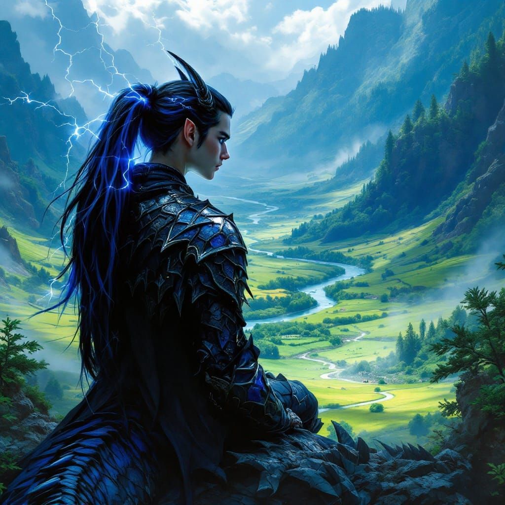 Ethereal Elf Rides Majestic Black and Blue Dragon Over Lush ...