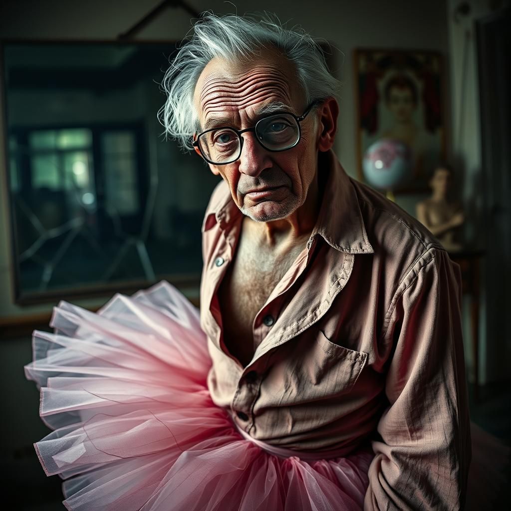 Surreal Old Man Ballerina in Decaying Studio