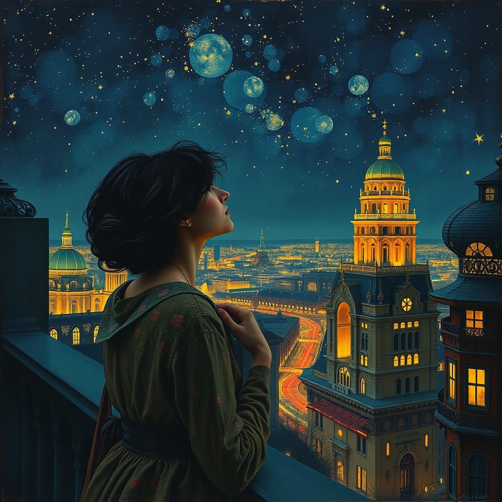 Edwardian Stargazer in Glimmering City, Velvet Painting