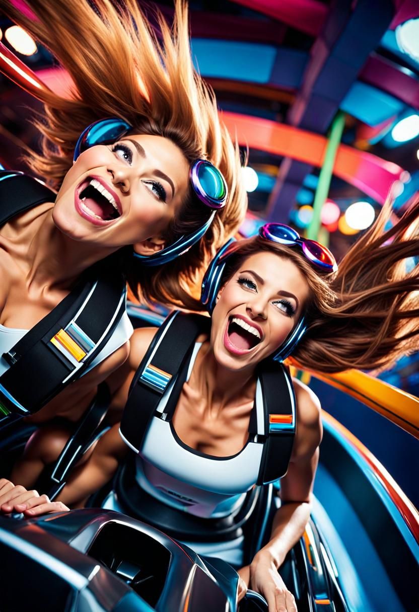 Exhilarated Women on Rollercoaster in Futuristic Style
