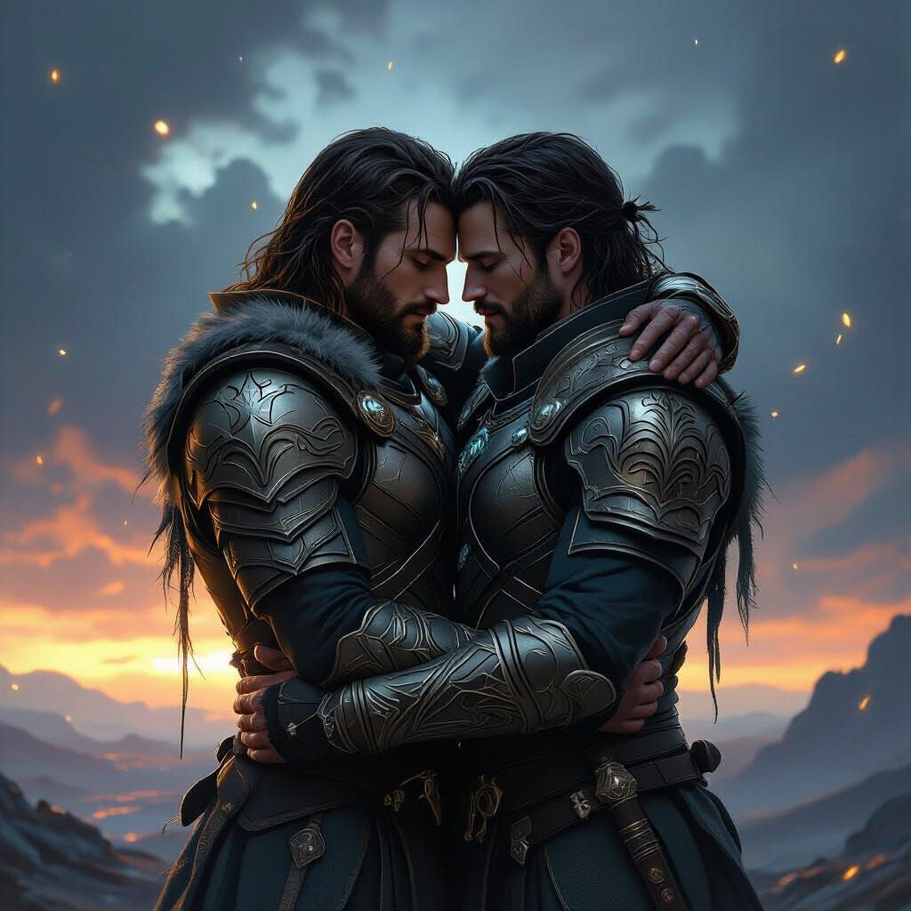 Warriors Share a Heartfelt Hug in Epic Landscape