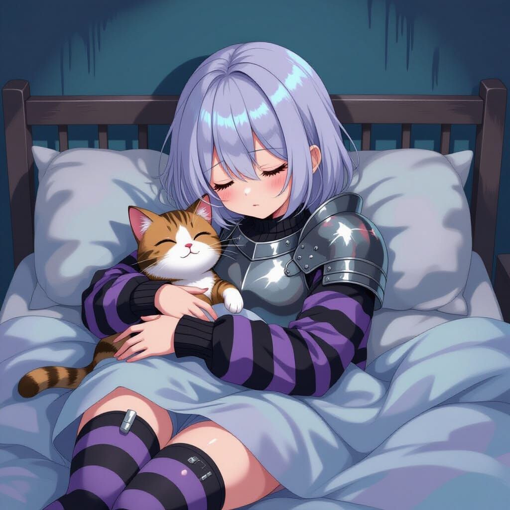 Anime Girl With Cat and Armor in Street Art Style