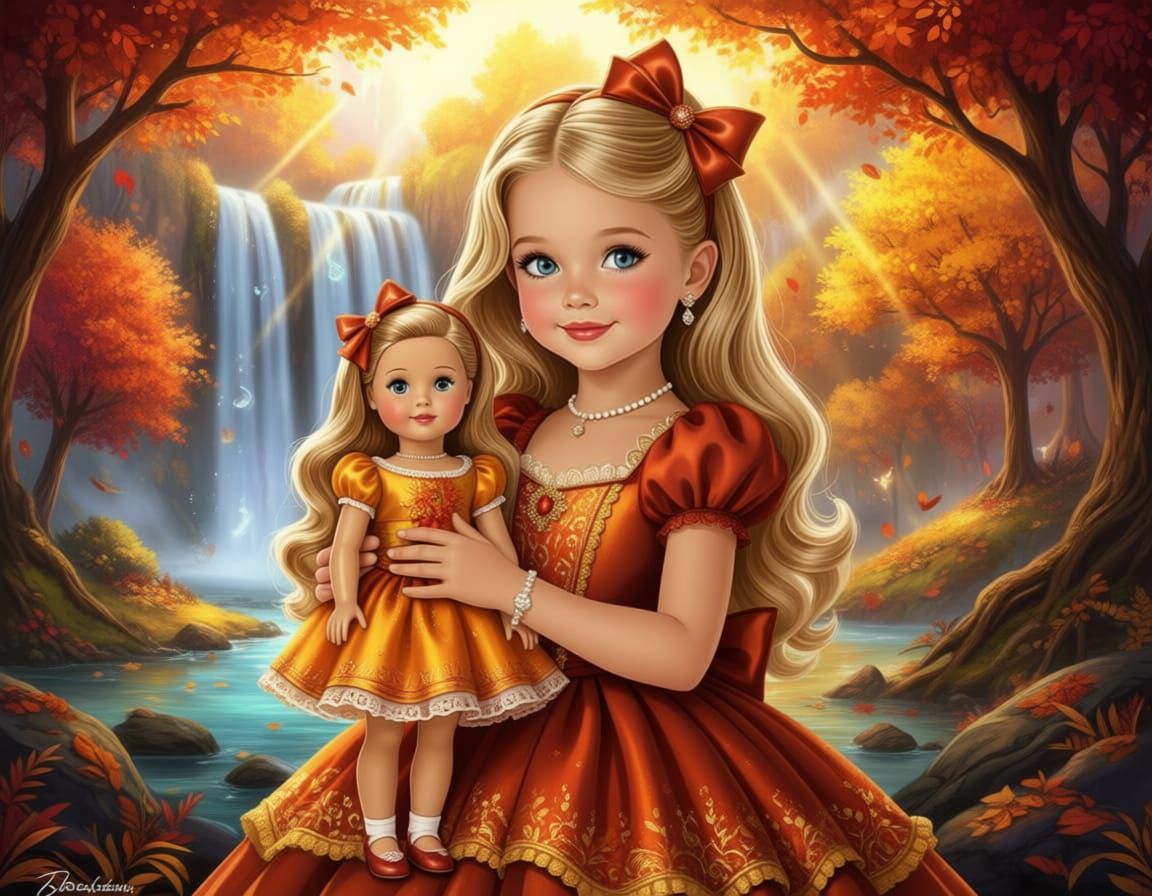 Magical Autumn Waterfall Scene with Girl and Dolls