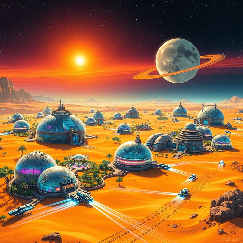 Utopian Alien Metropolis in Vibrant Holographic Style