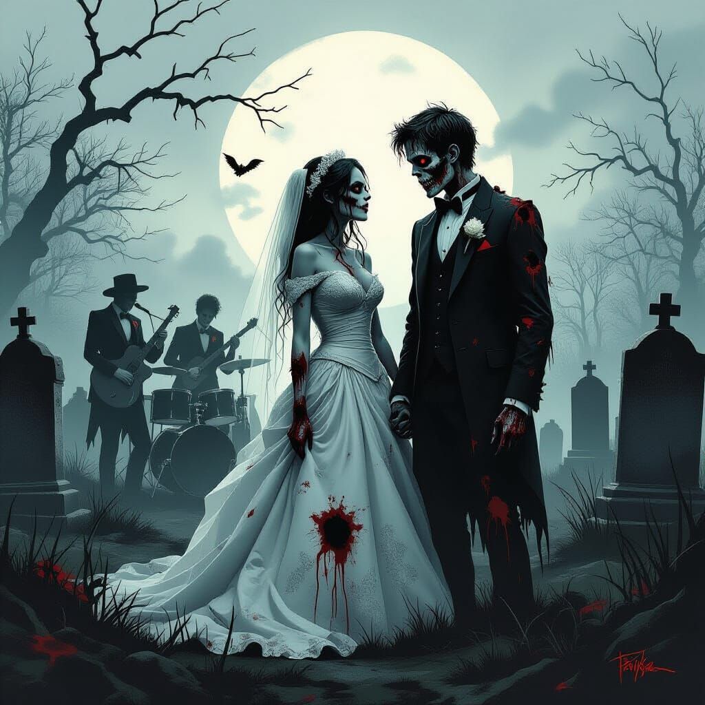 Gothic Zombie Prom Couple in Spooky Cemetery