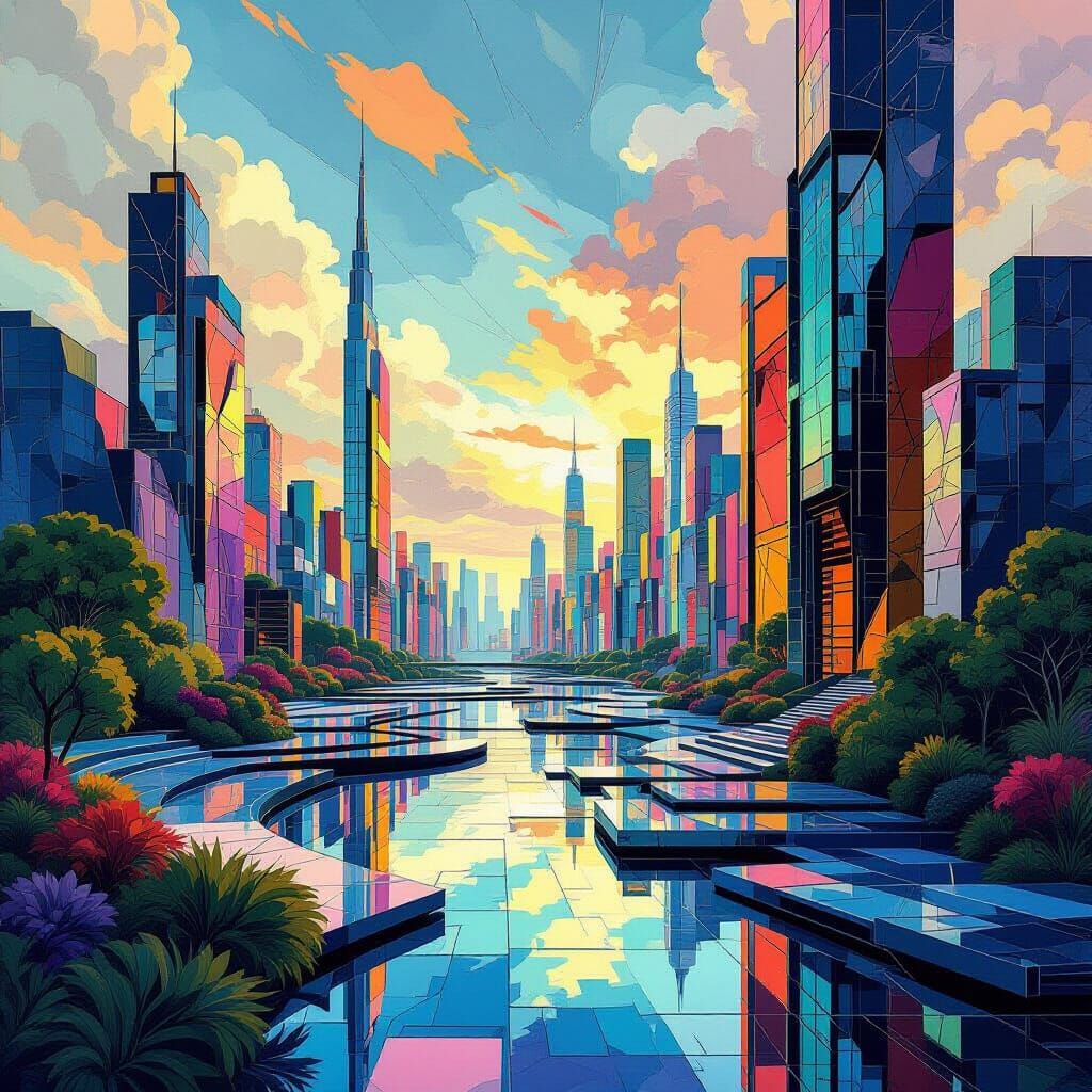 Stained Glass Landscape in Neo-Cubism Style