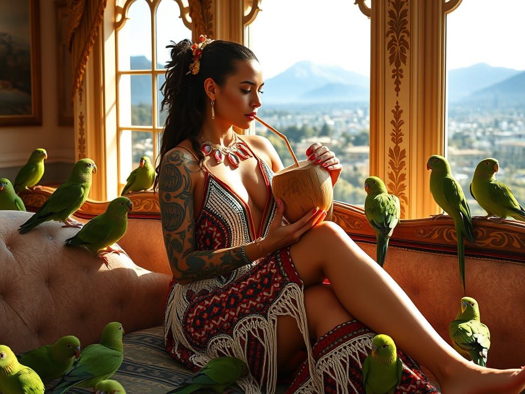 Polynesian Woman with Kākāpō Parrots in Wellington