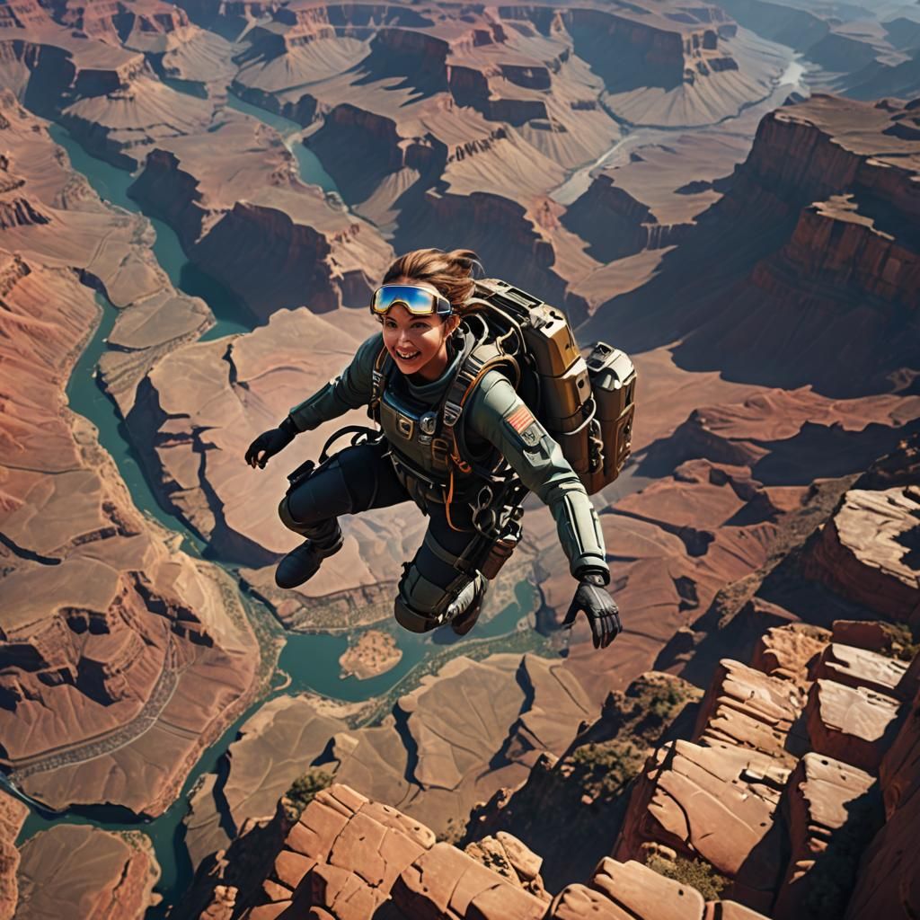 Woman Skydiving into Grand Canyon: Sci-Fi Rendering