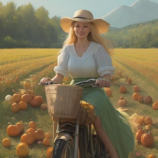 Blonde Girl Rides Bike in Impressionist Gourd Field