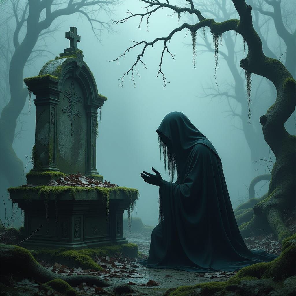 Spectral Figure at Ancient Altar in Dark Fantasy Style