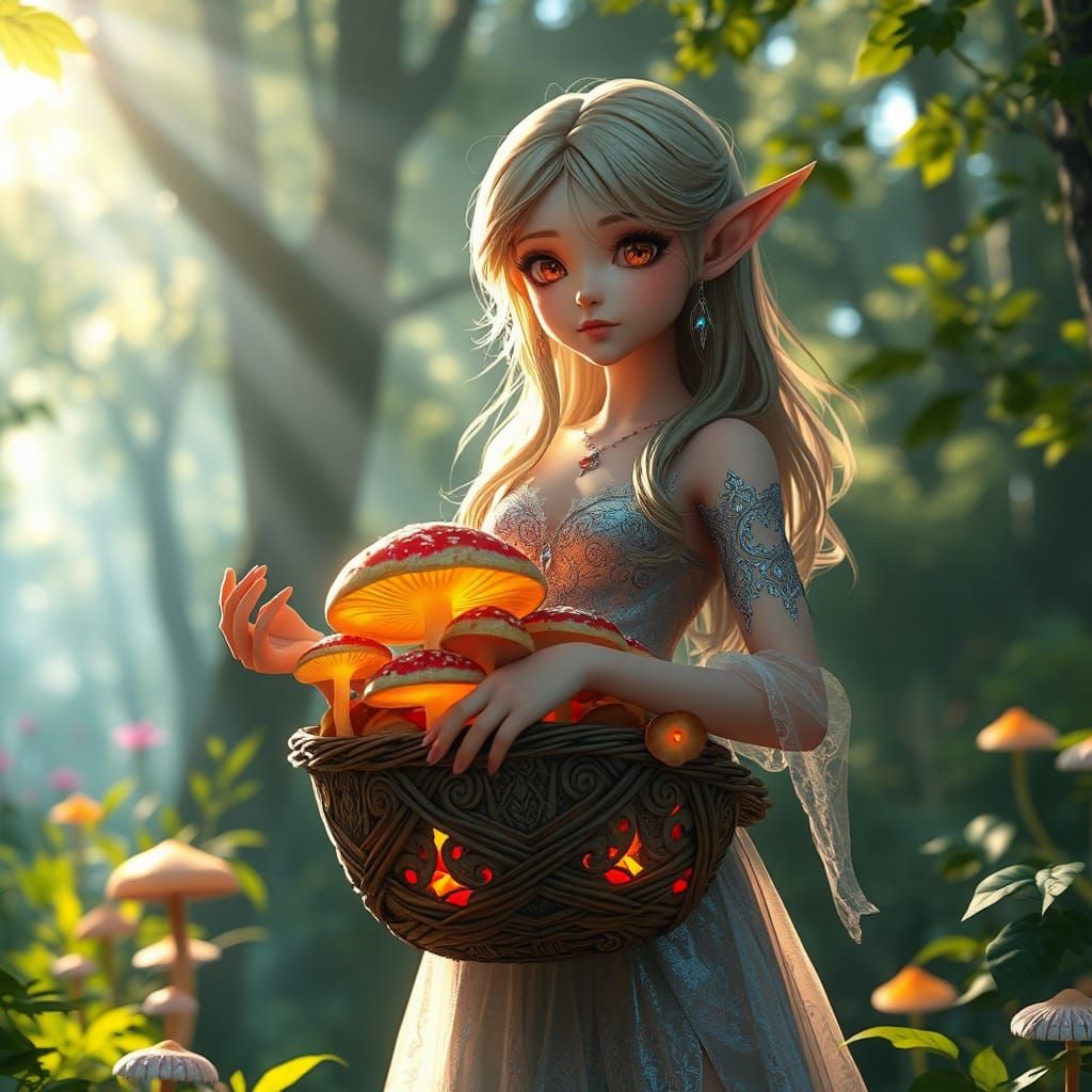 Enchanting Elf with Mushrooms in Anime Style