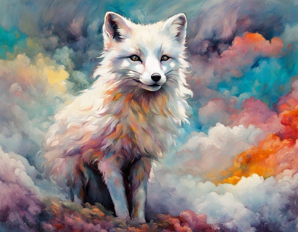 Impressionist Masterpiece of Arctic Fox in Vibrant Clouds