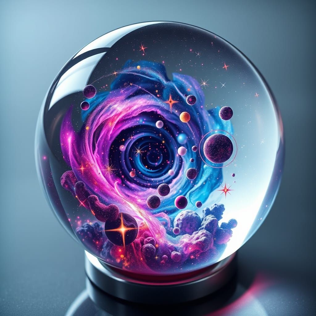Miniature Universe in Glass Sphere with Neon Lights