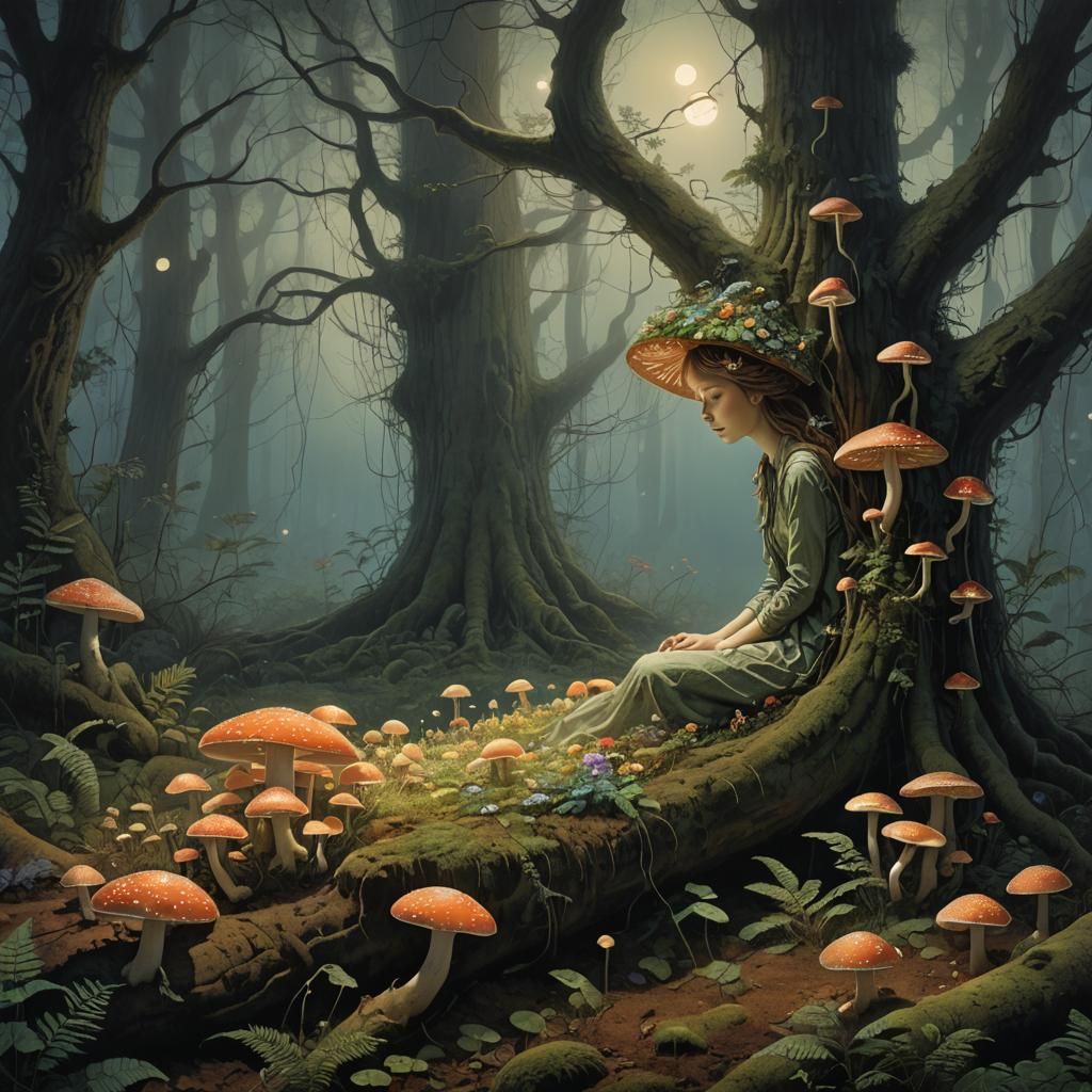 Mystical Forest Scene with Lying Figure