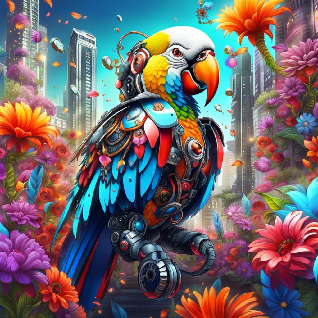 Cyborg Parrots on Floral Crescent in Cyberpunk City