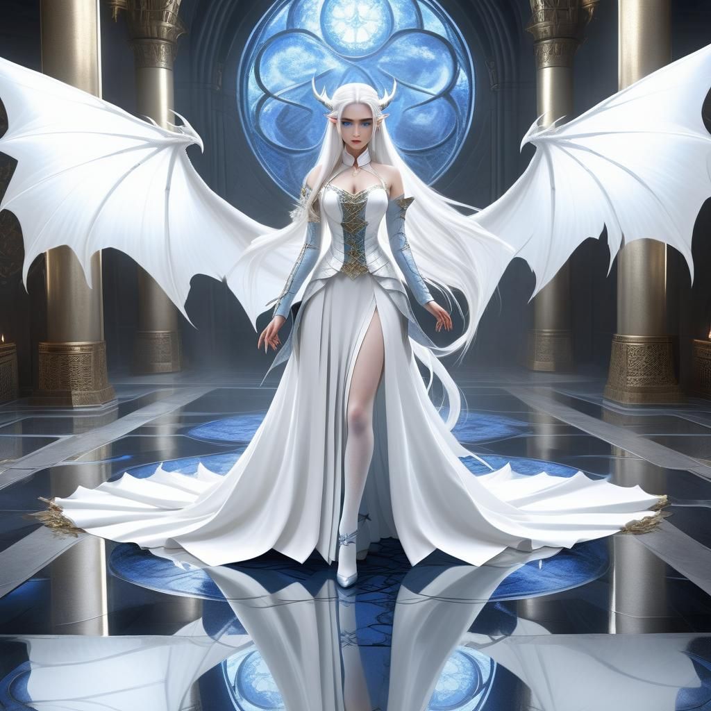 Elegant Dragon Girl in Anime Style, White Dress