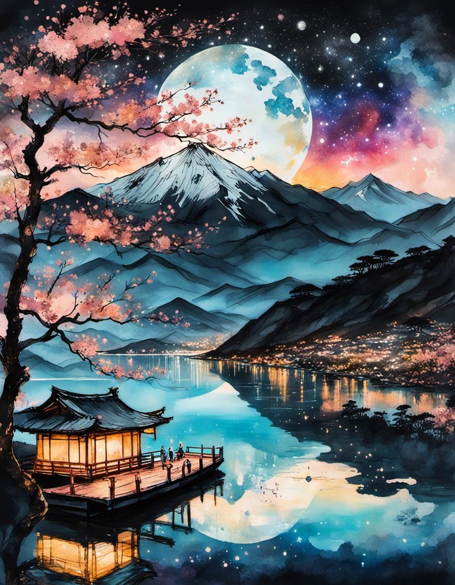 Sakura Silhouette with Constellations in Chinese Ink Style