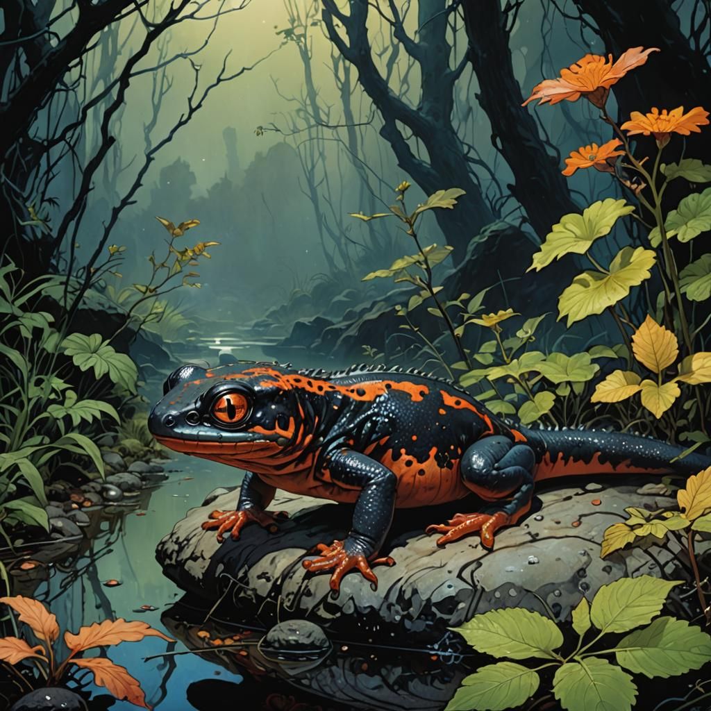 Sad Newt in Arthur Rackham Style