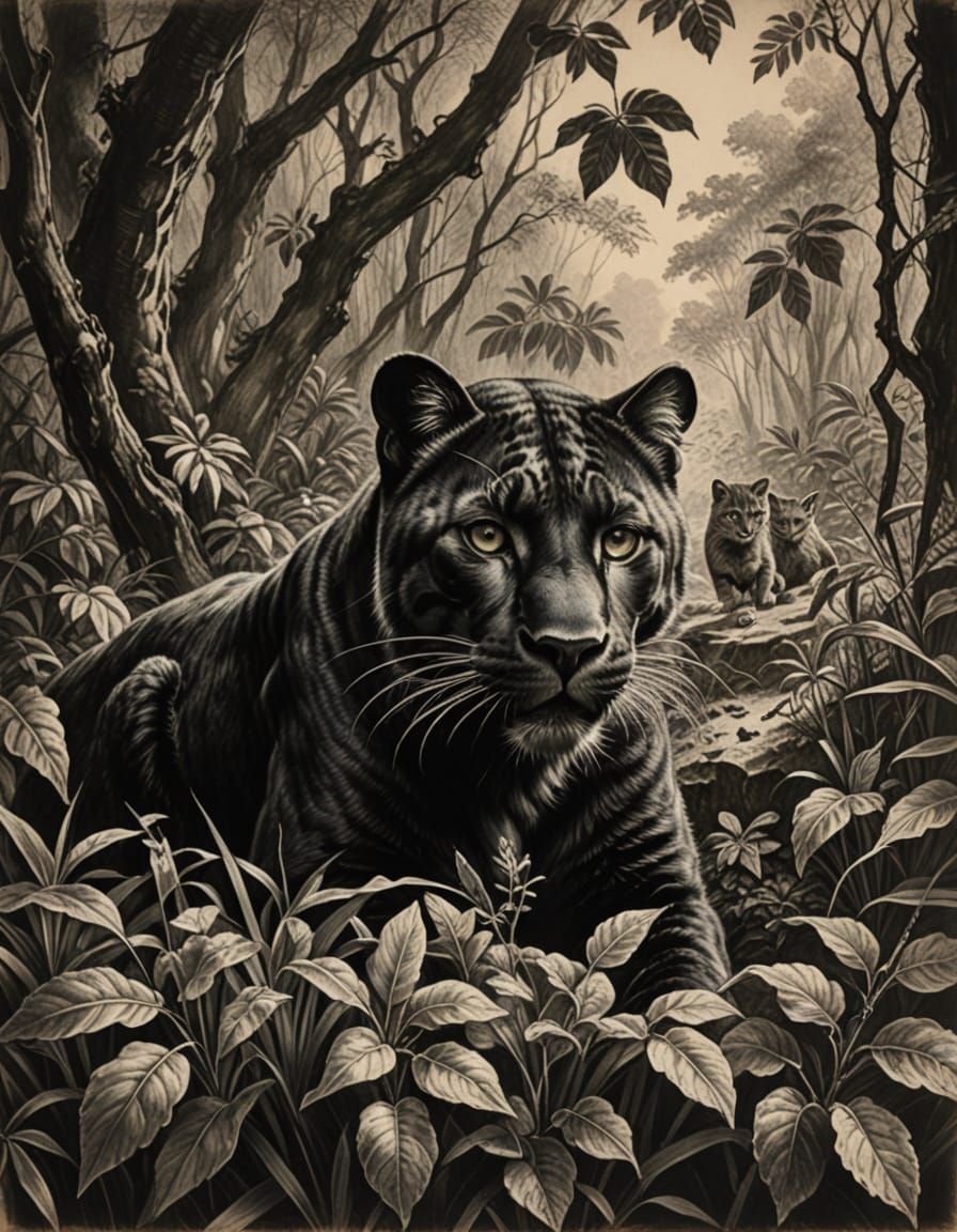 Panther Mother Watches Over Her Kittens in the Jungle, Hyper...