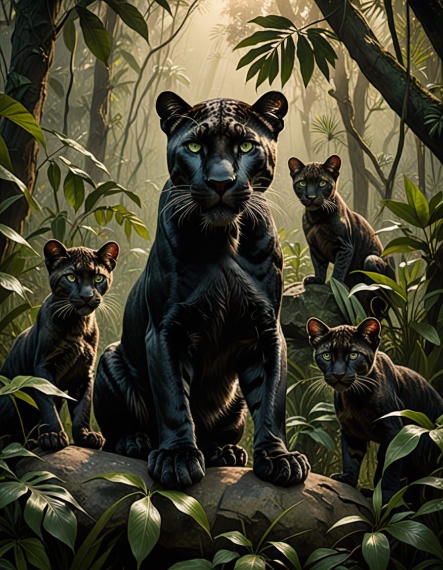 Luminous Green-Eyed Panther Watches Over Her Kittens in the ...